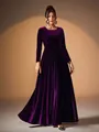 Detailed view of elegant deep purple velvet long sleeve maxi evening dress with pleats - S / Dresses / Purple