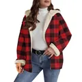 Giacca con cappuccio a quadri rossi e neri con calda fodera in pile sherpa bianca - Taglia S / Top / Rosso