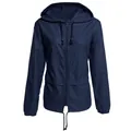 Front view of a navy blue lightweight waterproof hooded outdoor jacket for women - S / Tops / Dark Blue