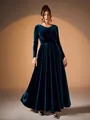 Elegant emerald green velvet long-sleeved evening gown with pleated waist detail - S / Dresses / Teal