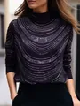 Détail raffiné d'un haut noir à col montant orné de motifs en strass étincelants. - S / Hauts / Violet