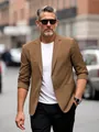 Men's stylish brown casual blazer paired with white t-shirt shown in a street fashion setting - S / Tops / Khaki