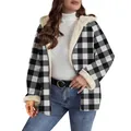 Dettaglio della giacca con cappuccio a quadri bianchi e neri con morbida fodera sherpa - Taglia S / Top / Grigio