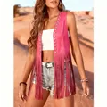 Close-up detail of a vibrant pink bohemian vest featuring silver studs and long fringe - S / Tops / Rose Red