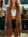 Bohemian style brown fringe vest showing detailed long tassels and suede texture. - Brown / S