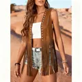 Detailed view of women's vintage brown fringe vest with silver studs in desert setting - S / Tops / Khaki