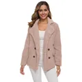 Front view of women's dusty rose double-breasted sherpa fleece jacket with large lapels - S / Tops / Pink
