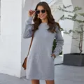 Casual grey round neck long sleeve mini sweatshirt dress featuring practical side pockets - S / Dresses / Light Gray