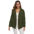 Full-length view of a women's dark green double-breasted sherpa coat with lapel collar - S / Tops / Green