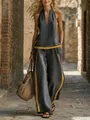 Schickes grau-gelbes Damen-Set aus Baumwolle und Leinen mit weiter Hose in sonniger Kulisse - S / Oberteil und Hose / Grau