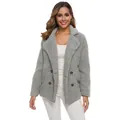 Front view of a grey double-breasted teddy fleece coat worn by a model in a studio - Light Gray