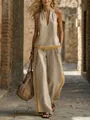 Elegantes zweiteiliges Set aus beigem und gelbem Leinen mit Halter-Top und Hose - S / Oberteil und Hose / Khaki