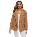 Front view of women's brown sherpa jacket with lapels and double buttons - Camel