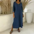 Detail of V-neck casual loose blue imitation denim dress with side slit - S / Dresses / Dark Blue