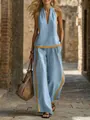 Elegantes hellblaues Leinen-Halterneck-Top und weite Hose Set mit gelbem Kontrastrand - S / Oberteil und Hose / Himmelblau