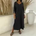 Detailed view of dark grey casual loose V-neck faux denim dress featuring side slits - S / Dresses / Black