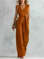Elegante tuta smanicata marrone ruggine con scollo a V e cintura in vita regolabile - Bronzo