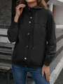Detail view of women's black hooded windbreaker jacket with silver snap buttons - S / Tops / Black