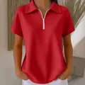 Elegante polo rossa in maglia a nido d'ape con colletto a zip e maniche corte estive - Top / Rosso / Taglia S