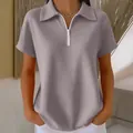 Elegante polo da donna in maglia a nido d'ape con dettaglio cerniera in colore lavanda raffinato - Top / Grigio / Taglia S