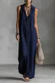 Full-length view of navy blue sleeveless hooded maxi dress with button-down front - S / Dresses / Navy Blue