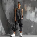 Grijze boho-set bestaande uit een mouwloze tanktop en een cargo-joggingbroek. - XS / Boven- En Onderstuk / Grijs