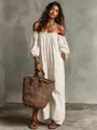 Bohemian striped off-the-shoulder maxi dress with puff sleeves for summer vacation - S / Dresses / Off White
