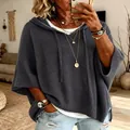 Casual gray oversized hooded knit poncho sweater with drawstring and wide sleeves - S / Tops / Gray