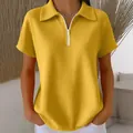 Elegante top da donna giallo colletto polo maglia nido d'ape con pratica cerniera lampo - Top / Giallo / Taglia S