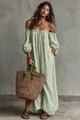 Elegant off-the-shoulder green striped maxi dress for beach vacations. - S / Dresses / Green