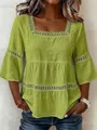 Dettaglio della camicetta in cotone e lino verde lime con pizzo e scollo quadrato - Taglia S / Top / Verde