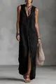 Full-length view of a black sleeveless hooded button-down maxi dress for women. - S / Dresses / Black