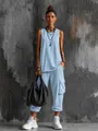 Light blue casual two-piece set with sleeveless tank top and cargo joggers on model - XS / Top And Bottom / Sky Blue