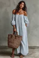 Elegant bohemian blue striped off-shoulder maxi dress perfect for summer beach resort - S / Dresses / Light Blue