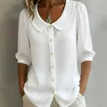 Elegante weiße Leinenbluse mit Puffärmeln und modischem Peter-Pan-Kragen für Damen - S / Oberteile / Weiß