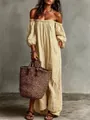 Elegant beige off-the-shoulder striped maxi dress with stylish balloon sleeves for summer - Yellow