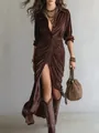 Detailed view of the elegant ruched center and high split on this brown velvet maxi dress. - XS / Dresses / Red Brown