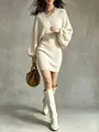 Elegant cream oversized round neck knit sweater dress with puff sleeves detail - S / Dresses / White