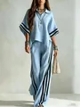 Woman in a light blue short-sleeved shirt and wide-leg striped pants two-piece set outfit - S / Top And Bottom / Light Blue