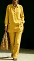 Full view of yellow linen-style long-sleeved shirt and casual trousers set for women - S / Top And Bottom / Yellow