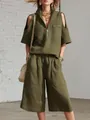Elegante conjunto de dos piezas verde oliva con top de hombros fríos y pantalón ancho - S / Top Y Pantalón / Verde Militar