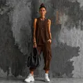 Casual brown sleeveless tank top and cargo joggers two-piece set for women - XS / Top And Bottom / Coffee