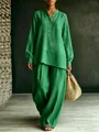 Detailed view of a green linen-style long-sleeved tunic and wide-leg trouser set - S / Top And Bottom / Green