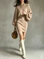 Elegant round neck loose knit sweater dress for women in khaki beige styled with boots - S / Dresses / Khaki