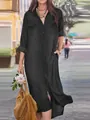 Full-length view of a black long-sleeved denim shirt dress with pockets and a classic collar. - S / Dresses / Black and Gray