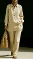 Elegant linen-blend long-sleeved shirt and trouser set in beige with button details - S / Top And Bottom / Khaki