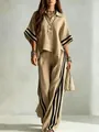 Full-length view of a beige linen two-piece set with black stripe details. - S / Top And Bottom / Khaki