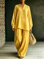 Relaxed fit yellow two-piece set featuring long-sleeved shirt and matching wide-leg trousers - S / Top And Bottom / Yellow