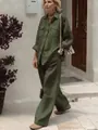Casual λαδί σετ δύο τεμαχίων με μακρυμάνικο πουκάμισο και φαρδύ παντελόνι. - S / Τοπ Και Παντελόνι / Πράσινο του Στρατού