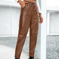 Pantalon chic en similicuir marron à taille haute pour femme avec cordon de serrage - S / Bas / Marron